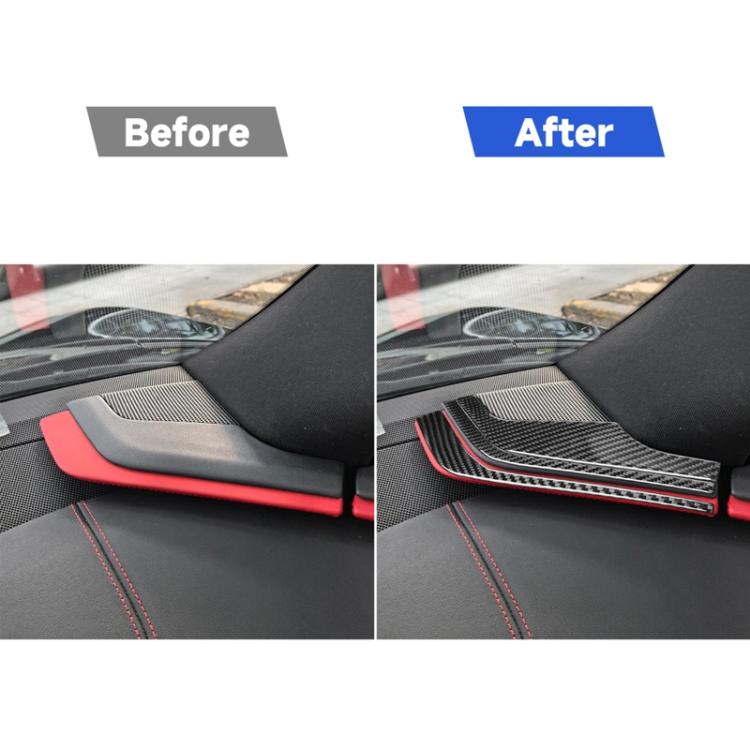 Inner A-pillar speaker sticker set installed on car interior, black carbon-fiber with red trim