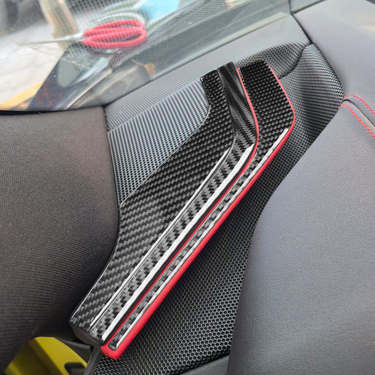 Inner A-pillar speaker sticker set installed, black carbon-fiber strips with red trim