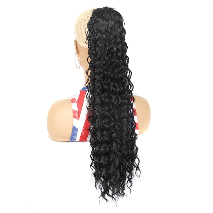 Curly ponytail wig with long black ringlets and drawstring base, mannequin view