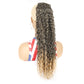 Curly ponytail wig with long ash-blonde wavy curls and mesh base, back view