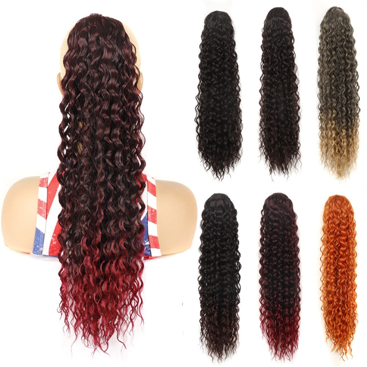 Curly ponytail wig in burgundy with long ringlet curls, plus color strand swatches