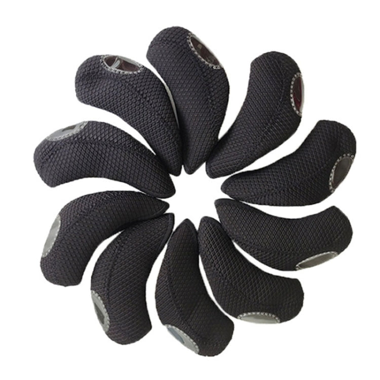 Black neoprene golf club head covers, set of 10, with open club-top design