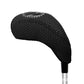 Black neoprene golf club head cover on club head, textured surface and stitched edge