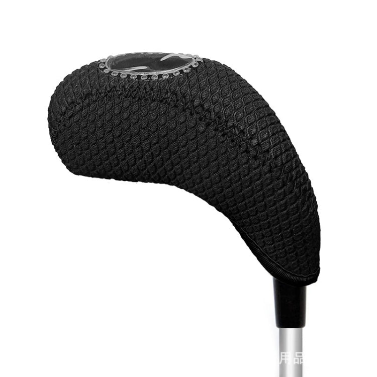 Black neoprene golf club head cover on club head, textured surface and stitched edge