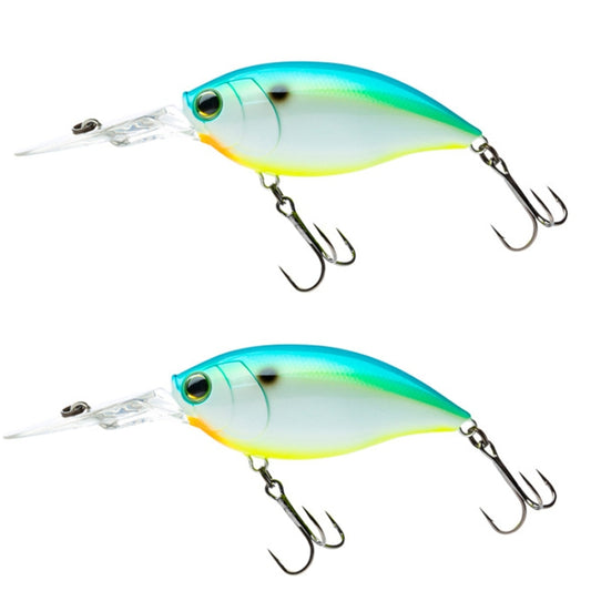 2-piece plastic crankbait lures, aqua and yellow, with treble hooks