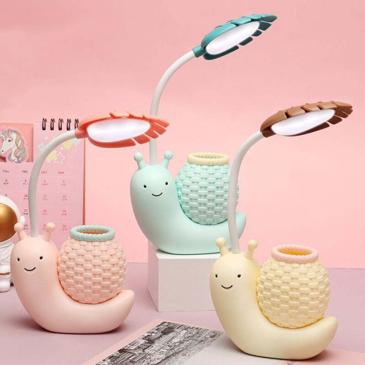Set of cartoon snail LED desk lamps with woven cup shades in multiple colors