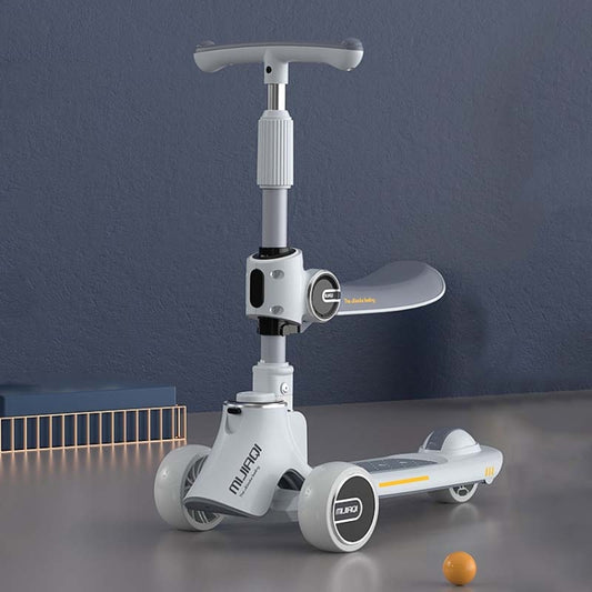 Foldable children scooter with white frame and gray deck, angled view