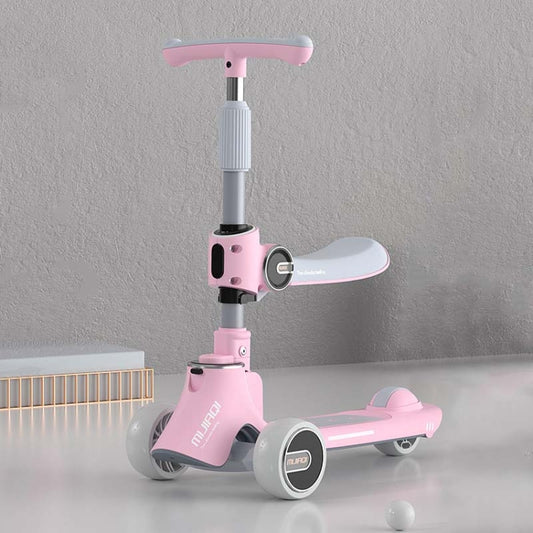 Foldable children scooter with pink frame and white seat, front angled view
