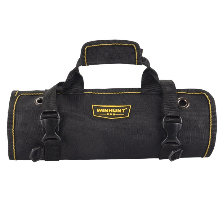 Portable electrician tool kit bag with top handle, side rings, black fabric and yellow trim