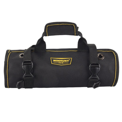 Portable electrician tool kit bag with top handle, side rings, black fabric and yellow trim