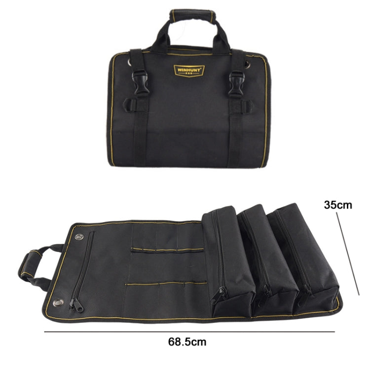 Rolling electrician tool kit bag with fold-out compartments and adjustable carry handle