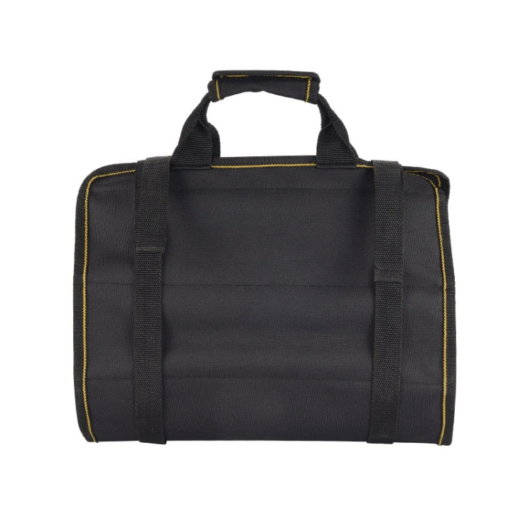 Compact electrician repair tool kit bag with padded handles and black fabric with yellow edging