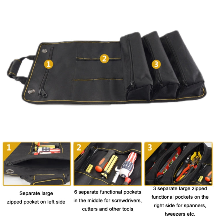 Foldable tool kit organizer with three numbered sections, large zip pocket, and separate pouches