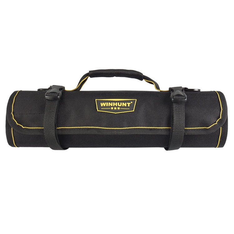 Rolling tool storage bag, padded black canvas with yellow trim and carry handle