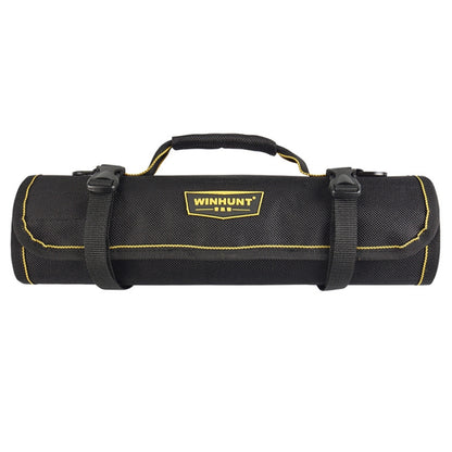 Rolling tool storage bag, padded black canvas with yellow trim and carry handle