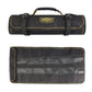 Rolled tool bag, open interior panel with black pockets and yellow-edged trim
