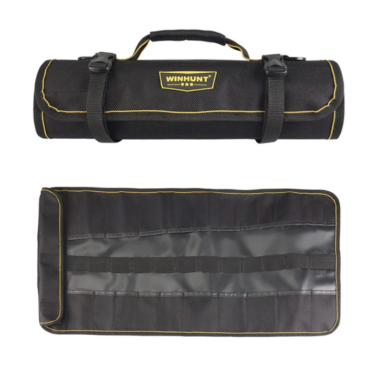 Rolled tool bag, open interior panel with black pockets and yellow-edged trim