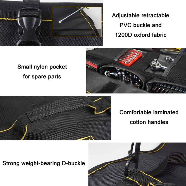 Padded tool roll with adjustable strap and D-ring buckle closure in black