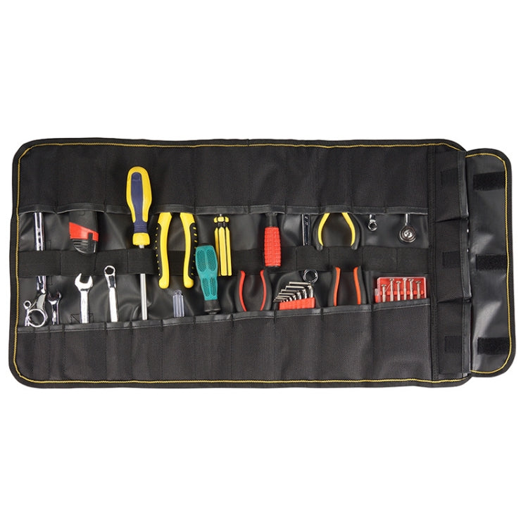 Tool organizer roll with multiple elastic slots and pockets, black with yellow piping