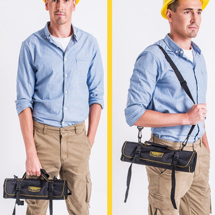 Rolling tool storage bag carried with shoulder strap, black canvas with yellow trim