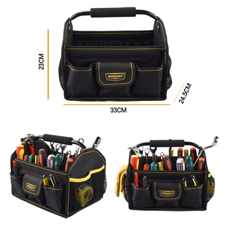 Handheld tool pouch with handle, wide organizer compartments and hanging hook