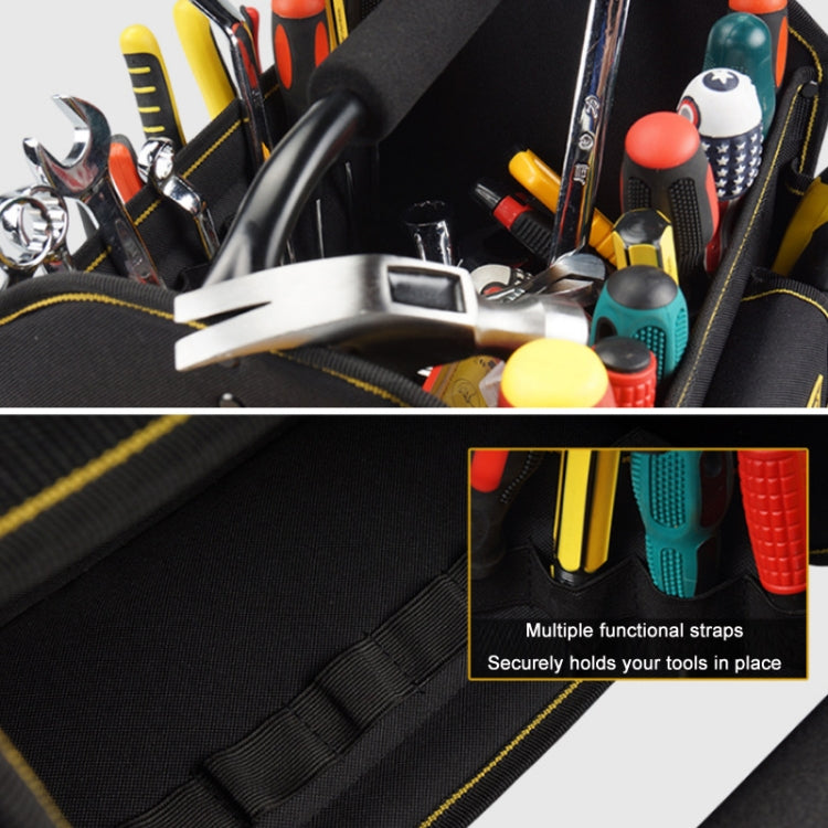 Interior organizer straps in padded tool bag holding assorted tools