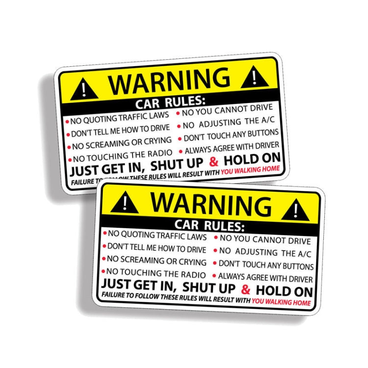 Set of two warning car rules stickers, yellow with hazard triangle and bold text