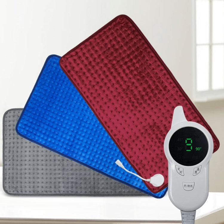 Small heating pad blankets in gray, blue, and red with controller