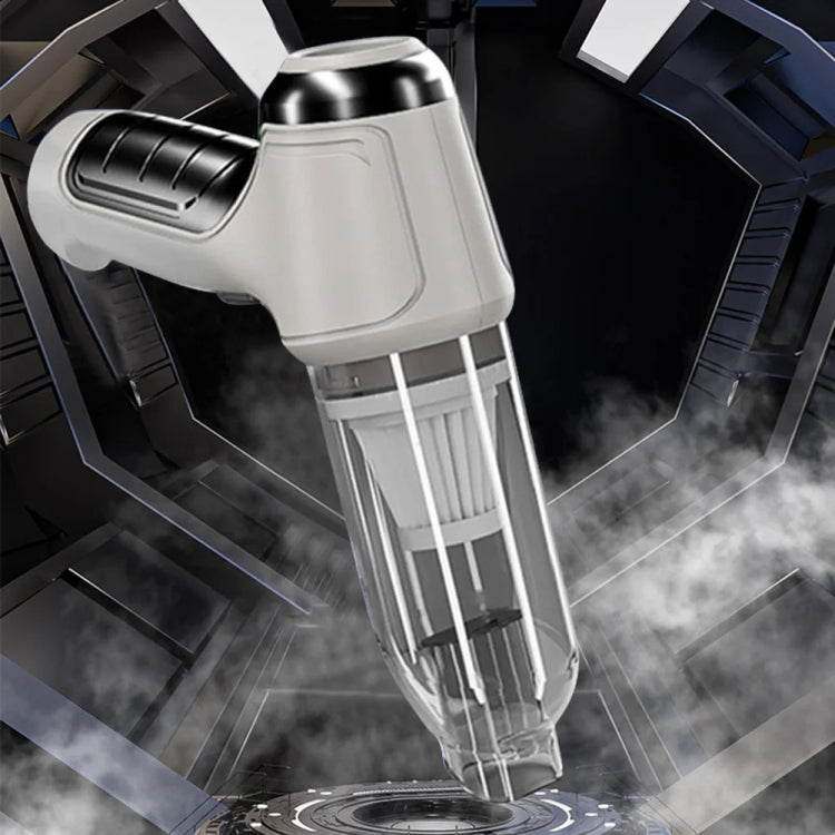 Handheld wet/dry vacuum cleaner in silver gray with transparent dust chamber and nozzle