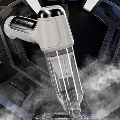 Handheld wet/dry vacuum cleaner in silver gray with transparent dust chamber and nozzle