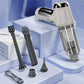 Silver gray handheld wet/dry vacuum cleaner with detachable nozzles and brush tool