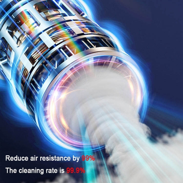 Handheld wet/dry vacuum cleaner with cyclonic airflow visible near the transparent chamber