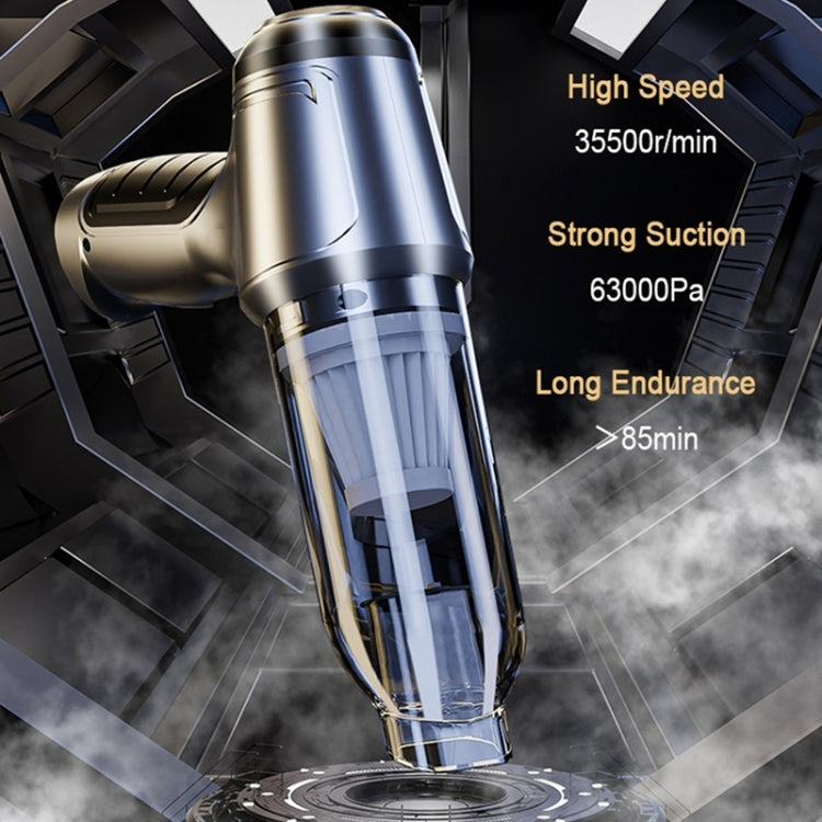 Silver gray handheld wet/dry vacuum cleaner standing with transparent dust chamber and nozzle