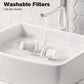 Washable wet/dry vacuum filter inside a tub with running water and splash guard