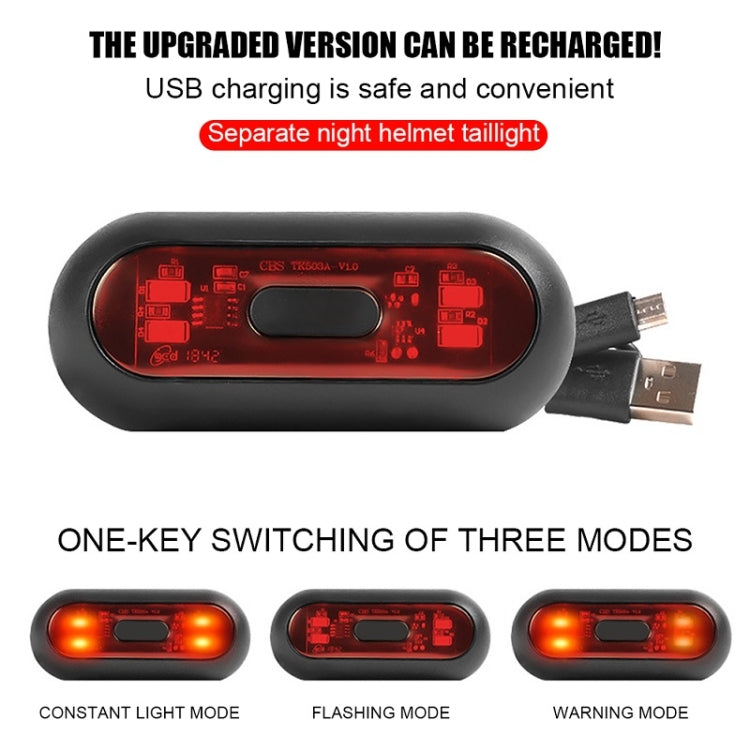USB rechargeable motorbike helmet tail light with charging cable and red LED modes.