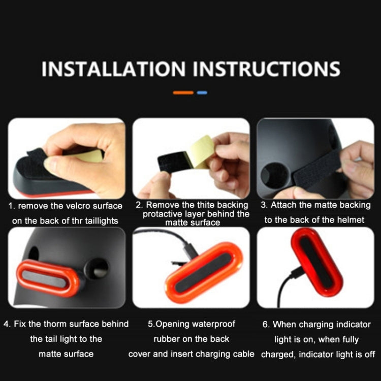 Orange rechargeable tail light with mounting backing and cable connection shown