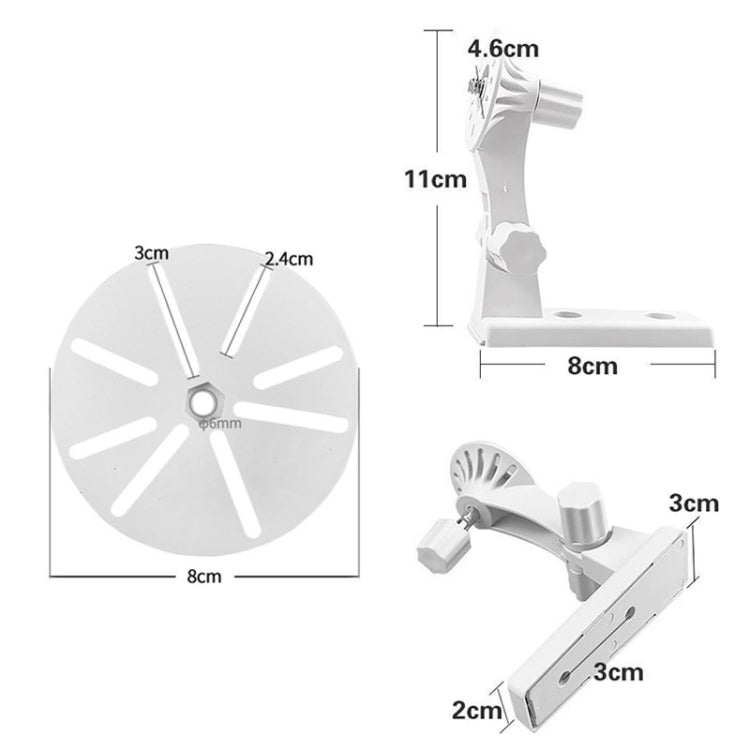 White plastic camera bracket with round base plate and adjustable arm, size diagram view