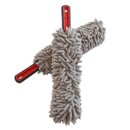 Gray chenille car wash duster with long red handle and round mop head