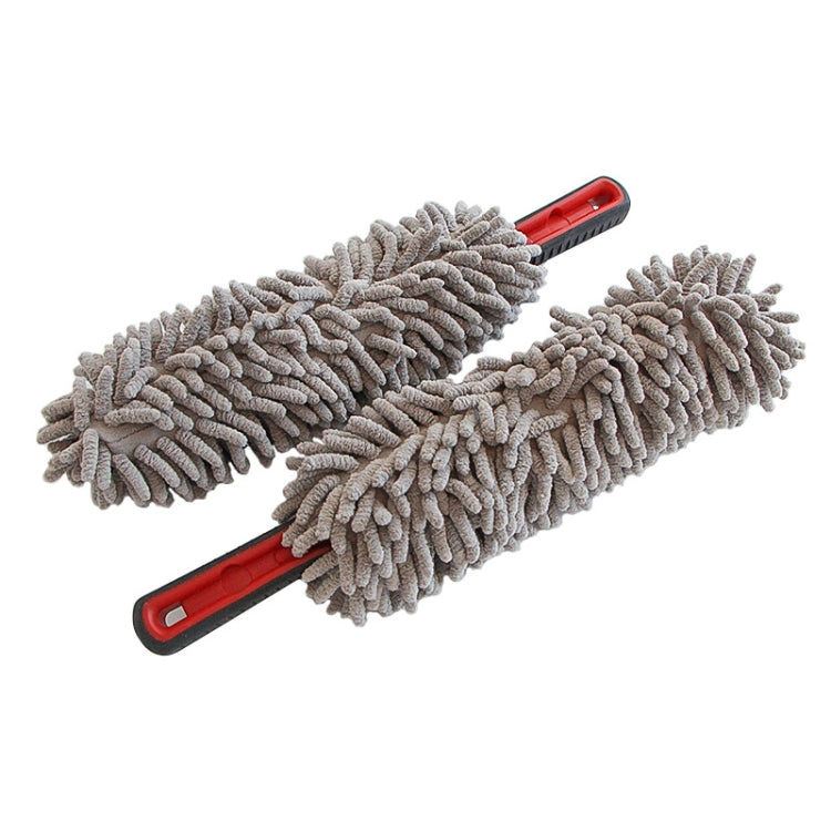Set of 2 gray chenille car wash dusters with red handles and long round mop heads