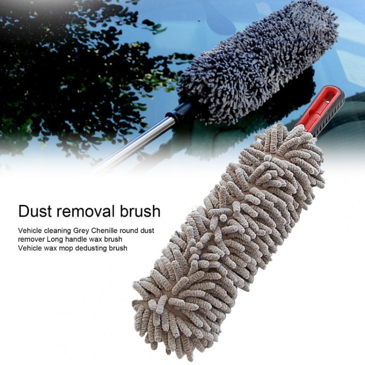 Gray chenille car wash duster with red handle and dense round brush head