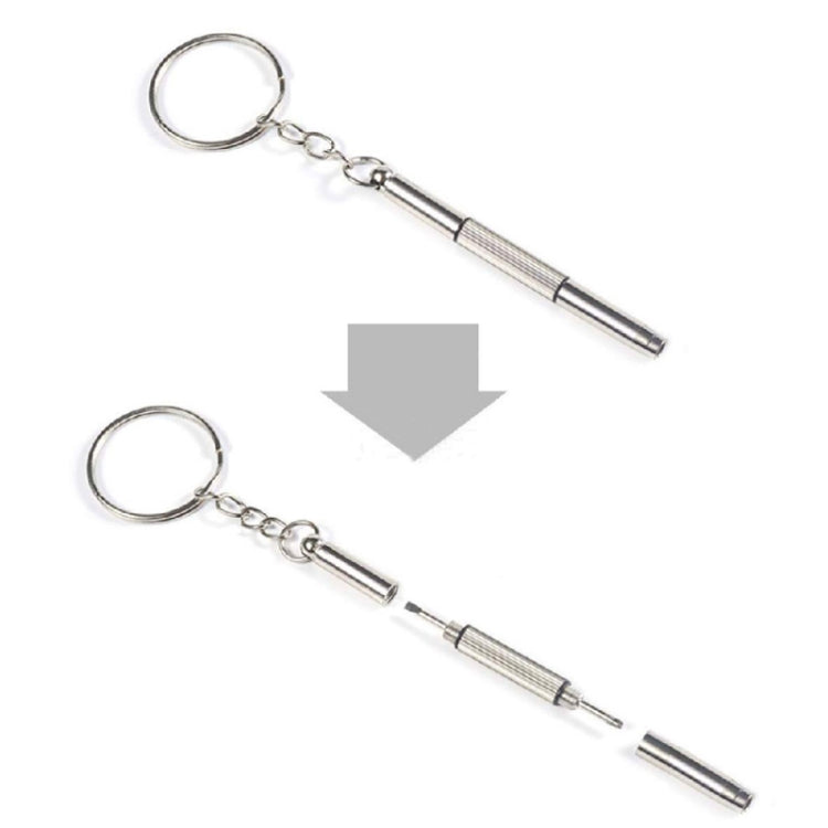 Metal keychain screwdriver tool with small threaded tips, two views