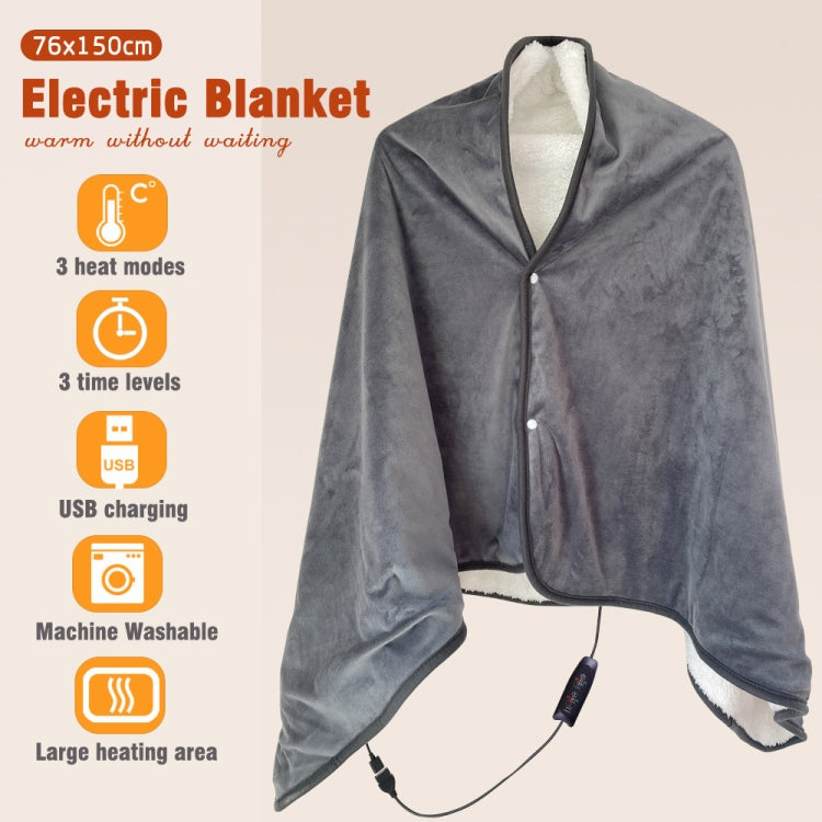 Gray fleece heating shawl blanket with button front and attached USB controller cable
