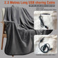 Gray electric heating shawl blanket with long USB charging cable and pouch