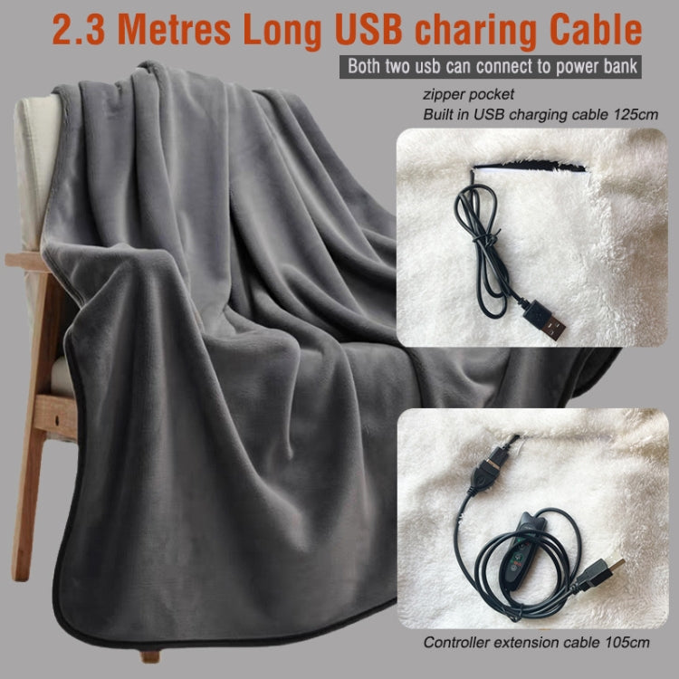 Gray electric heating shawl blanket with long USB charging cable and pouch