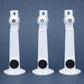 Set of three white camera mounting bracket stands with round black base pad