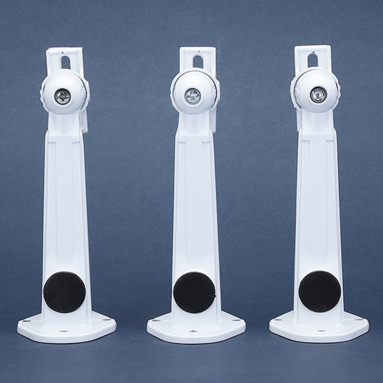 Set of three white camera mounting bracket stands with round black base pad