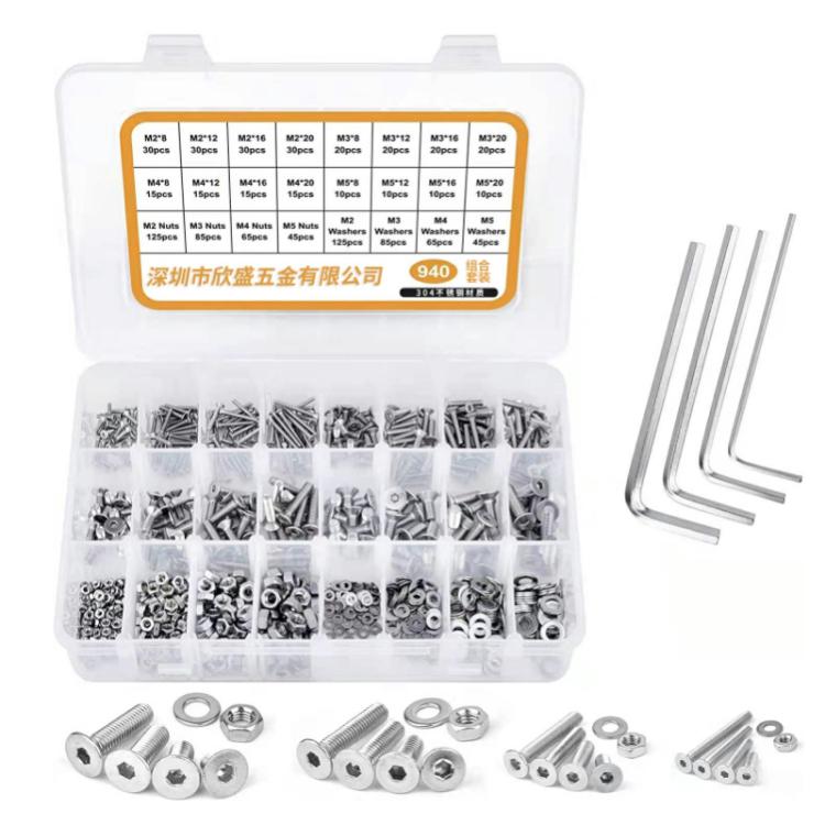 940-piece hex socket screw and gasket ring set in clear organizer with L hex key