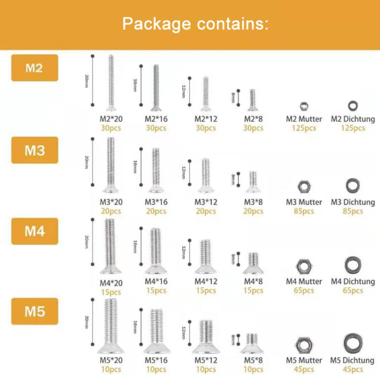 940-piece screw and gasket ring assortment, M2–M5 size breakdown on package insert