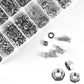 Mixed hex socket screws, hex nuts, washers, and gasket rings in compartment