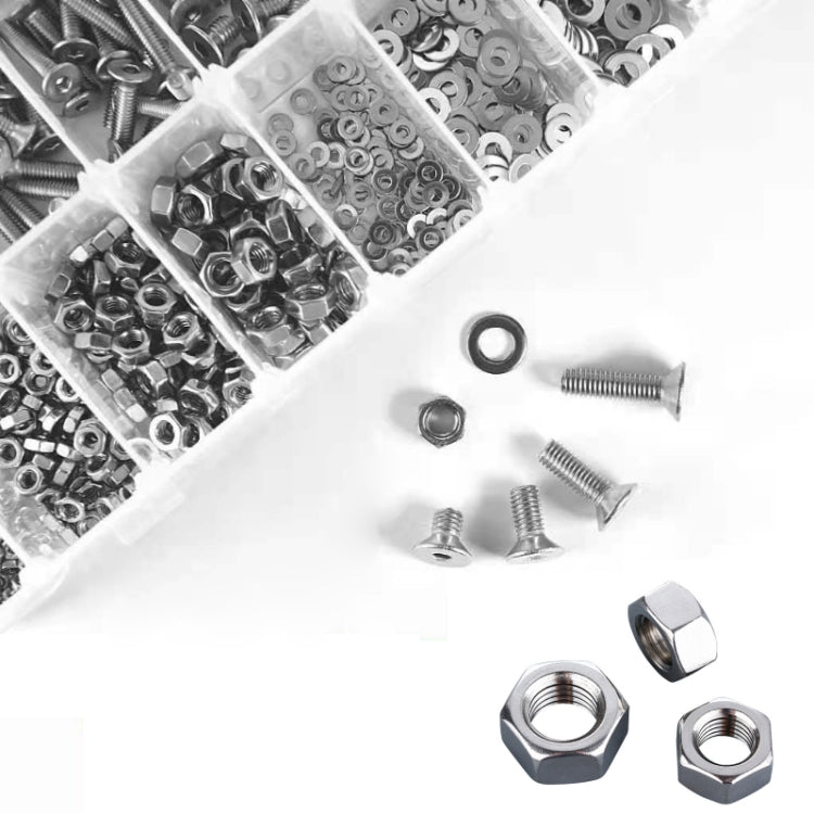Mixed hex socket screws, hex nuts, washers, and gasket rings in compartment